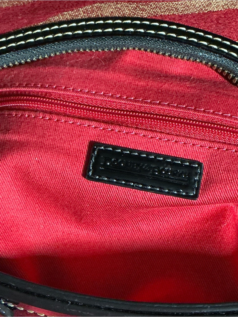 Dooney & Bourke Red and Beige Zebra Stripe Tote with Patent Black Trim - Picture 12 of 16
